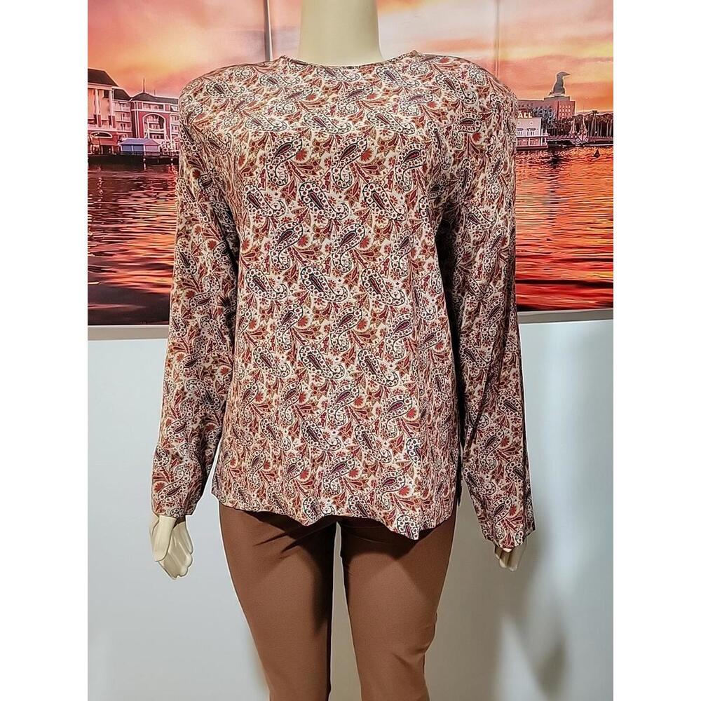 Nora Noh Womens Vintage Paisley Silk Blouse Size 14 Beige Red #C